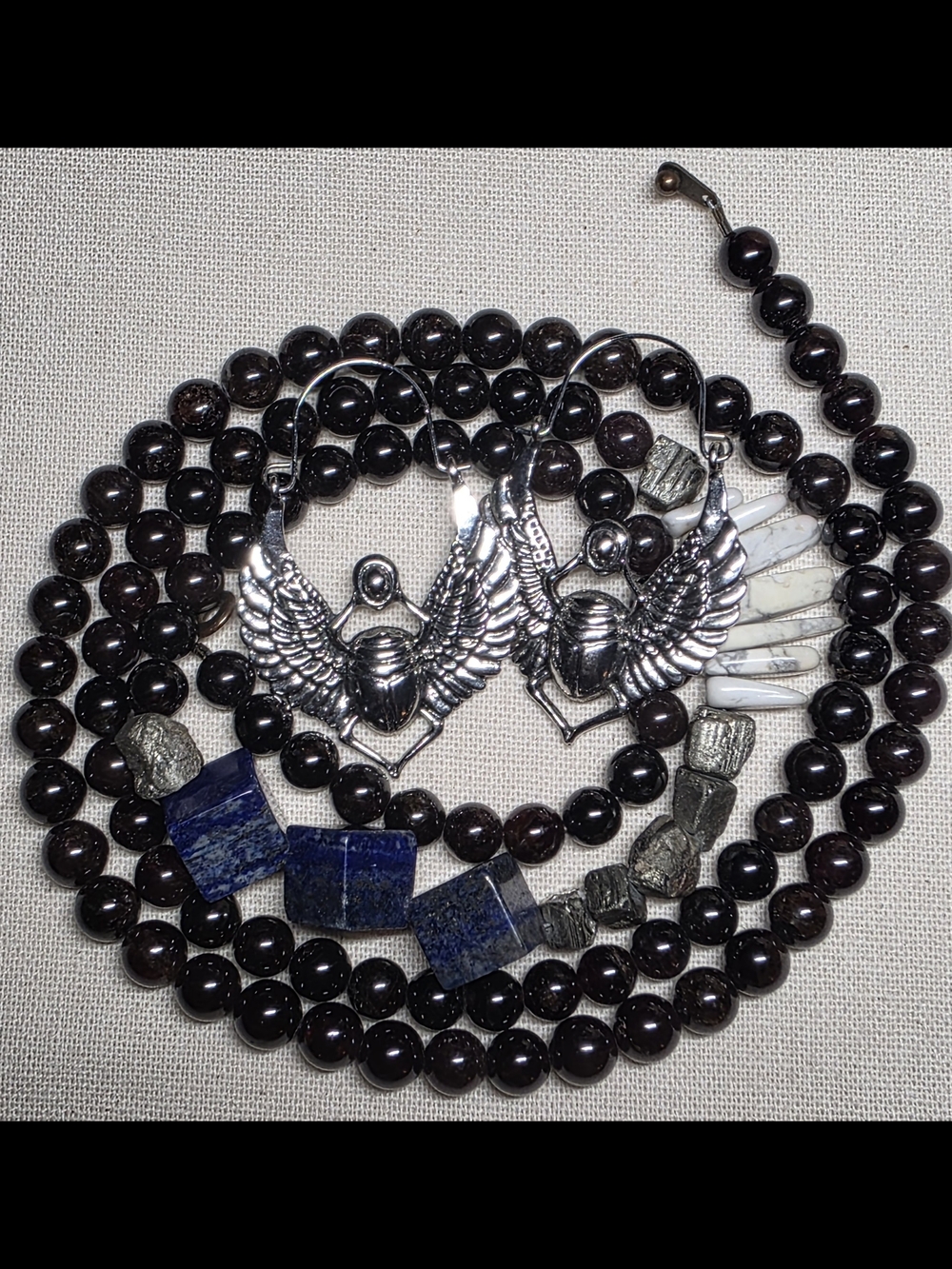 Garnet stone Necklace And Scarab Earrings